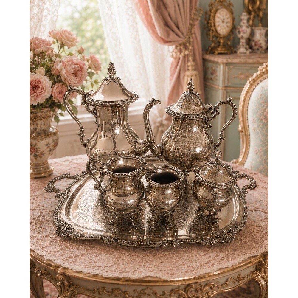 Vintage Sheridan Silver on Copper Coffee & Tea Service Set w/ Large Tray
